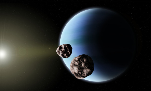 Neptune and a binary Kuiper Belt Object during a close encounter.